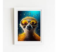 Warren Reed - Designer Meerkat With Golden Glasses Splashart Framed Art Print in White | Size: W12" x H16" Warren Reed - Designer White W12" x H16"