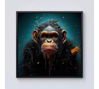 Warren Reed - Designer Monkey Face Splashart Blue Framed Canvas in Black | Size: w10 inch x h10 inch Warren Reed - Designer Black w10 inch x h10 inch