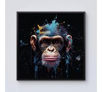 Warren Reed - Designer Monkey Face Splashart with Blue Framed Canvas in Black | Size: w40 inch x h40 inch Warren Reed - Designer Black w40 inch x h40 inch