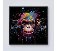 Warren Reed - Designer Multi Coloured Monkey Face Splashart Framed Canvas in Black | Size: w10 inch x h10 inch Warren Reed - Designer Black w10 inch x h10 inch