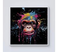 Warren Reed - Designer Multi Coloured Monkey Face Splashart Framed Canvas in Off-White | Size: W30" x H30" Warren Reed - Designer Off-White W30" x H30"