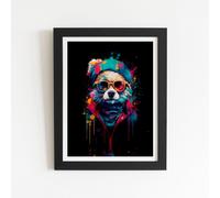 Warren Reed - Designer Multi Coloured Splashart Dog With Glasses Framed Art Print in Black | Size: W12" x H16" Warren Reed - Designer Black W12" x H16"