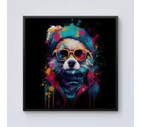 Warren Reed - Designer Multi Coloured Splashart Dog With Glasses Framed Canvas in Black | Size: w10 inch x h10 inch Warren Reed - Designer Black w10 inch x h10 inch