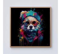 Warren Reed - Designer Multi Coloured Splashart Dog With Glasses Framed Canvas in Light Brown | Size: W16" x H16" Warren Reed - Designer Light Brown W16" x H16"