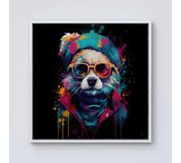 Warren Reed - Designer Multi Coloured Splashart Dog With Glasses Framed Canvas in Off-White | Size: w10 inch x h10 inch Warren Reed - Designer Off-White w10 inch x h10 inch