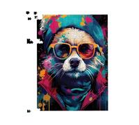 Warren Reed - Designer Multi Coloured Splashart Dog With Glasses Jigsaw Puzzle in Blue | Size: 500 Piece Warren Reed - Designer Blue 500 Piece