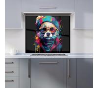Warren Reed - Designer Multi Coloured Splashart Dog With Glasses Kitchen Splashback in Blue | Size: 600mm x 600mm Warren Reed - Designer Blue 600mm x 600mm