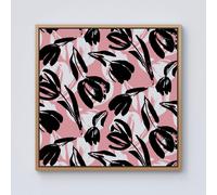 Warren Reed - Designer Nature Flat Spring Flower Motif In Pink & Black Color Framed Canvas in Light Brown | Size: W30" x H30" Warren Reed - Designer Light Brown W30" x H30"