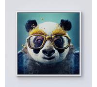 Warren Reed - Designer Panda With Golden Glasses Splashart Framed Canvas in Off-White | Size: W30" x H30" Warren Reed - Designer Off-White W30" x H30"