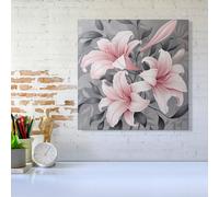 Warren Reed - Designer Pink Lilies On Grey Canvas | Size: W16" x H16" Warren Reed - Designer Multicolor W16" x H16"