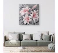 Warren Reed - Designer Pink Lilies On Grey Canvas | Size: w40 inch x h40 inch Warren Reed - Designer Multicolor w40 inch x h40 inch