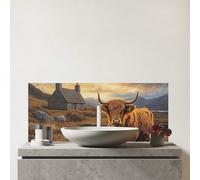 Warren Reed - Designer Premium Highland Cow And A Cottage Glass Bathroom Splashback 6mm Toughened Glass - Water-Resistant Wall Protector for Basins & Sinks, Polished Edges