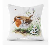 Warren Reed - Designer Robin & Daisies Watercolour Outdoor Cushion in Brown | Size: 45 cm x 45 cm Warren Reed - Designer Brown 45 cm x 45 cm