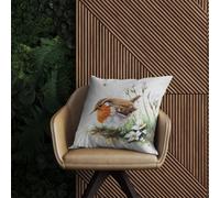 Warren Reed - Designer Robin & Daisies Watercolour Outdoor Cushion in Brown | Size: 60 cm x 60 cm Warren Reed - Designer Brown 60 cm x 60 cm