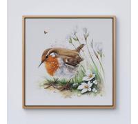 Warren Reed - Designer Robin & Daisies Watercolour Framed Canvas in Light Brown | Size: w10 inch x h10 inch Warren Reed - Designer Light Brown w10 inch x h10 inch
