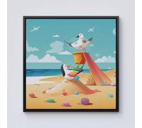 Warren Reed - Designer Seagulls On A Beach Holiday Framed Canvas in Black | Size: w10 inch x h10 inch Warren Reed - Designer Black w10 inch x h10 inch