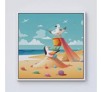 Warren Reed - Designer Seagulls On A Beach Holiday Framed Canvas in Off-White | Size: W30" x H30" Warren Reed - Designer Off-White W30" x H30"