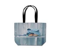 Warren Reed - Designer Shoes On The Bench Beach Shopper Tote Bag in Blue Warren Reed - Designer Blue