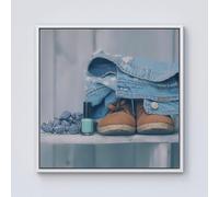 Warren Reed - Designer Shoes On The Bench Framed Canvas in Off-White | Size: W30" x H30" Warren Reed - Designer Off-White W30" x H30"