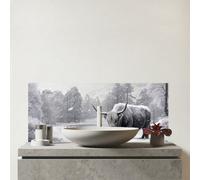 Warren Reed - Designer Snow Storm Highland Cow Glass Bathroom Splashback, Multi