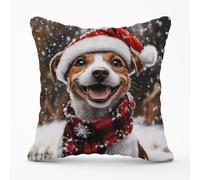 Warren Reed - Designer Snowy Christmas Jack Russell Cushion in Brown | Size: 60 cm x 60 cm Warren Reed - Designer Brown 60 cm x 60 cm