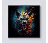 Warren Reed - Designer Splashart Angry Hyena Face Framed Canvas in Black | Size: w10 inch x h10 inch Warren Reed - Designer Black w10 inch x h10 inch
