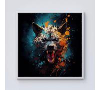 Warren Reed - Designer Splashart Angry Hyena Face Framed Canvas in Off-White | Size: W16" x H16" Warren Reed - Designer Off-White W16" x H16"
