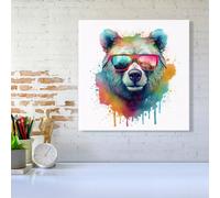 Warren Reed - Designer Splashart Colourful Bear In Glasses Canvas | Size: W16" x H16" Warren Reed - Designer Multicolor W16" x H16"