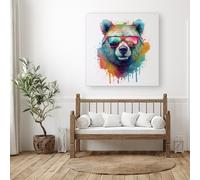 Warren Reed - Designer Splashart Colourful Bear In Glasses Canvas | Size: W30" x H30" Warren Reed - Designer Multicolor W30" x H30"