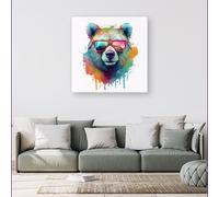 Warren Reed - Designer Splashart Colourful Bear In Glasses Canvas | Size: w40 inch x h40 inch Warren Reed - Designer Multicolor w40 inch x h40 inch