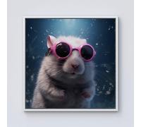 Warren Reed - Designer Splashart DoorMouse with Pink Glasses Framed Canvas in Off-White | Size: w10 inch x h10 inch Warren Reed - Designer Off-White w10 inch x h10 inch