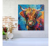 Warren Reed - Designer Splashart Highland Cow Canvas | Size: W16" x H16" Warren Reed - Designer Multicolor W16" x H16"
