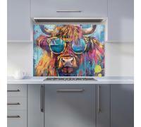 Warren Reed - Designer Splashart Highland Cow With Glasses Kitchen Splashback - W900mm x H650mm