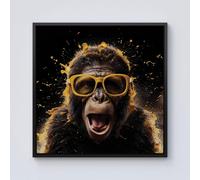Warren Reed - Designer Splashart Monkey Face With Yellow Glasses Framed Canvas in Black | Size: W30" x H30" Warren Reed - Designer Black W30" x H30"