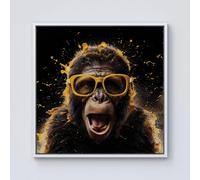 Warren Reed - Designer Splashart Monkey Face With Yellow Glasses Framed Canvas in Off-White | Size: w10 inch x h10 inch Warren Reed - Designer Off-White w10 inch x h10 inch