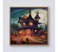 Warren Reed - Designer Spooky Halloween House Framed Canvas in Light Brown | Size: w40 inch x h40 inch Warren Reed - Designer Light Brown w40 inch x h40 inch