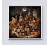 Warren Reed - Designer Spooky Halloween Village Framed Canvas in Off-White | Size: w10 inch x h10 inch Warren Reed - Designer Off-White w10 inch x h10 inch