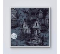 Warren Reed - Designer Spooky Shadowy Haunted House Framed Canvas in Off-White | Size: w10 inch x h10 inch Warren Reed - Designer Off-White w10 inch x h10 inch