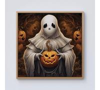 Warren Reed Spooky White Ghost Holding Pumpkin Framed Canvas - 40" x 40" - Pine