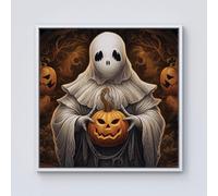 Warren Reed - Designer Spooky White Ghost Holding Pumpkin Framed Canvas in Off-White | Size: w40 inch x h40 inch Warren Reed - Designer Off-White w40 inch x h40 inch