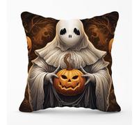 Warren Reed Designer Spooky White Ghost Holding Pumpkin Outdoor Cushion 45Cm X 45Cm