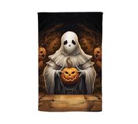 Warren Reed - Designer Spooky White Ghost Holding Pumpkin Tea Towel Warren Reed - Designer White