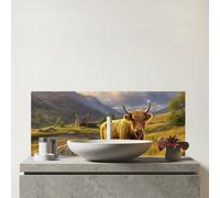 Warren Reed - Designer Springtime Highland Cow Glass Bathroom Splashback, Multi
