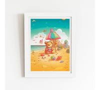 Warren Reed - Designer Teddy Bead On A Beach Holiday Framed Art Print in White | Size: W12" x H16" Warren Reed - Designer White W12" x H16"