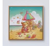 Warren Reed - Designer Teddy Bead On A Beach Holiday Framed Canvas in Light Brown | Size: W30" x H30" Warren Reed - Designer Light Brown W30" x H30"