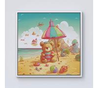 Warren Reed - Designer Teddy Bead On A Beach Holiday Framed Canvas in Off-White | Size: w10 inch x h10 inch Warren Reed - Designer Off-White w10 inch x h10 inch