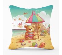 Warren Reed - Designer Teddy Bead On A Beach Holiday Outdoor Cushion in Yellow | Size: 45 cm x 45 cm Warren Reed - Designer Yellow 45 cm x 45 cm