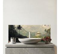 Warren Reed - Designer Temple By A Lake With Lilies Glass Bathroom Splashback, Multi