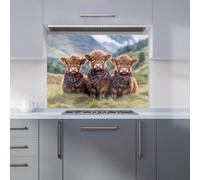 Premium Trio Of Baby Highland Cows Kitchen Splashback 6mm Toughened Glass Kitchen Splashback - Heat Resistant Splashback for Kitchens, Perfect for Cookers and Hobs, Polished Edges