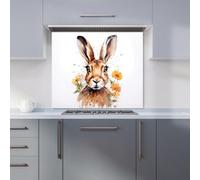 Warren Reed Designer Watercolour Hare And Daisies Premium Glass Kitchen Splashback W600mm X H650mm